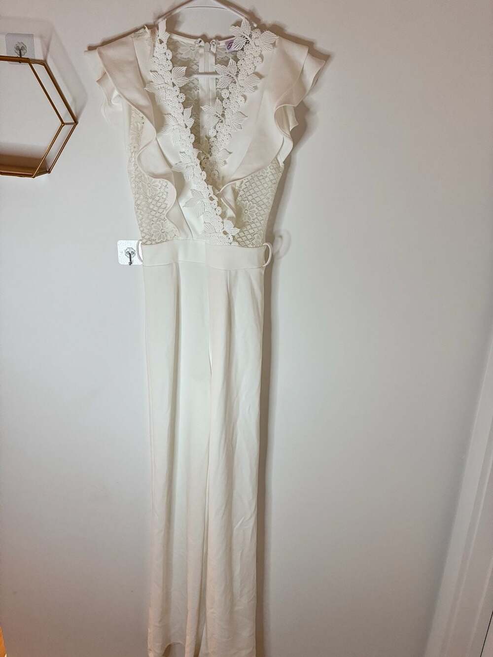 Ms. Bling Touch Of Class Jumpsuit White Lace Ruffle Wide Leg Jumpsuit Sz M